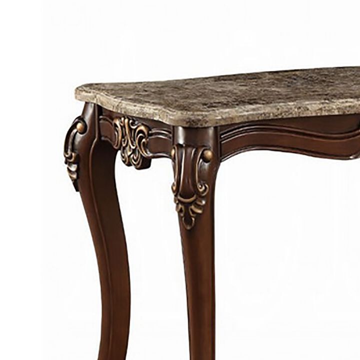 Marble Top Sofa Table With Carved Floral Motifs Wooden Feet, Brown-Benzara