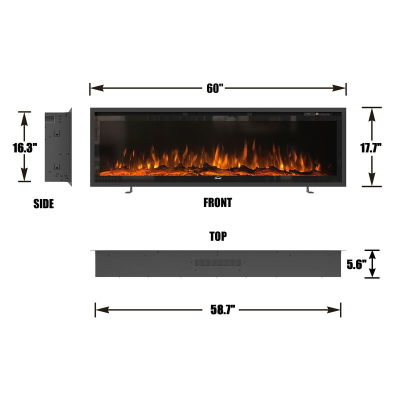 60 in. Recessed Wall-Mounted Freestanding Multifunction Electric Fireplace