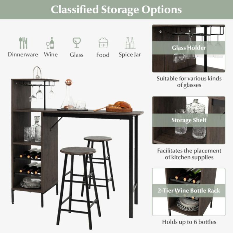 Hivvago 3 Piece Bar Table and Chairs Set with 6-Bottle Wine Rack