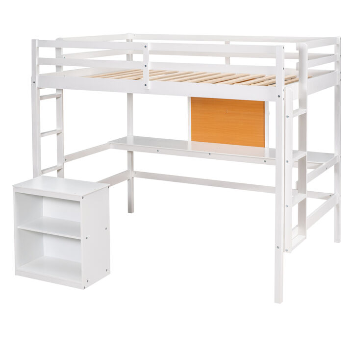 Full Size Loft Bed With Desk And Writing Board, Wooden Loft Bed With Desk & 2 Drawers Cabinet