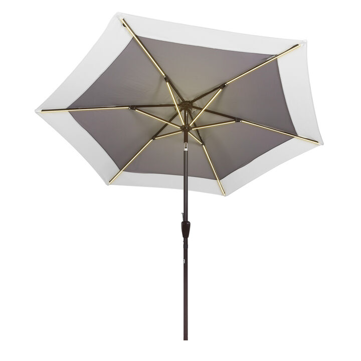 Spencer Classic Coastal 2-Tone Solar LED Market Patio Umbrella with 12 LED Strip Lights, Auto-Tilt, Crank and UV Protection