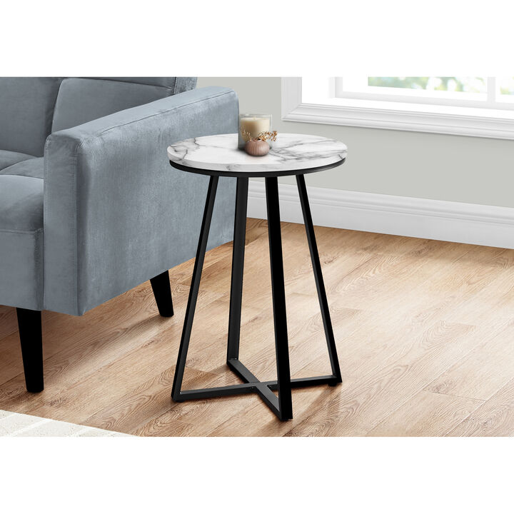 Monarch Specialties I 2178 Accent Table, Side, Round, End, Nightstand, Lamp, Living Room, Bedroom, Metal, Laminate, White Marble Look, Black, Contemporary, Modern