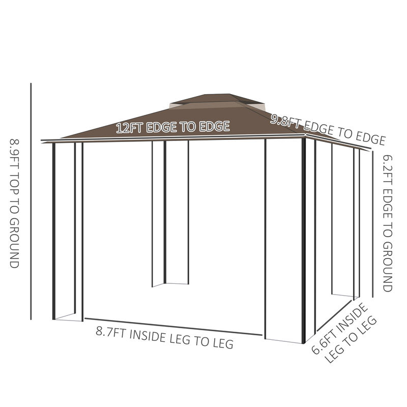 10' x 12' Patio Gazebo Outdoor Canopy Shelter w/ 2 Tier Roof, Brown