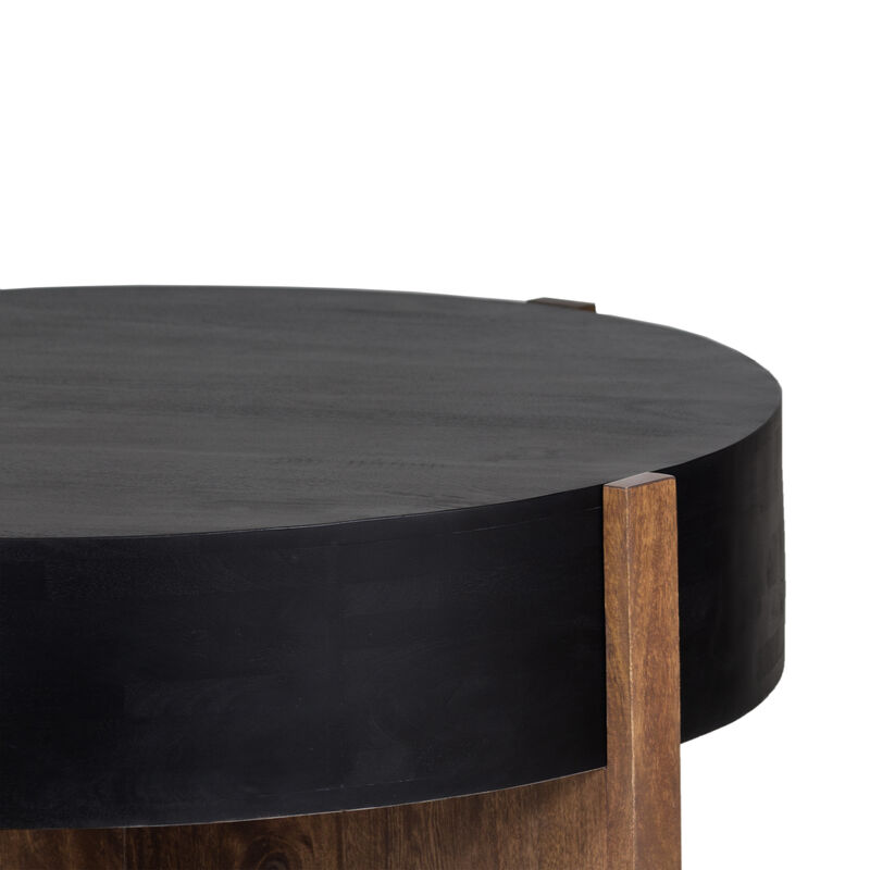 Naufe Coffee Table, 41 Inch Round Matte Black Top, Brown Cross Panel Legs, Mango Wood Frame