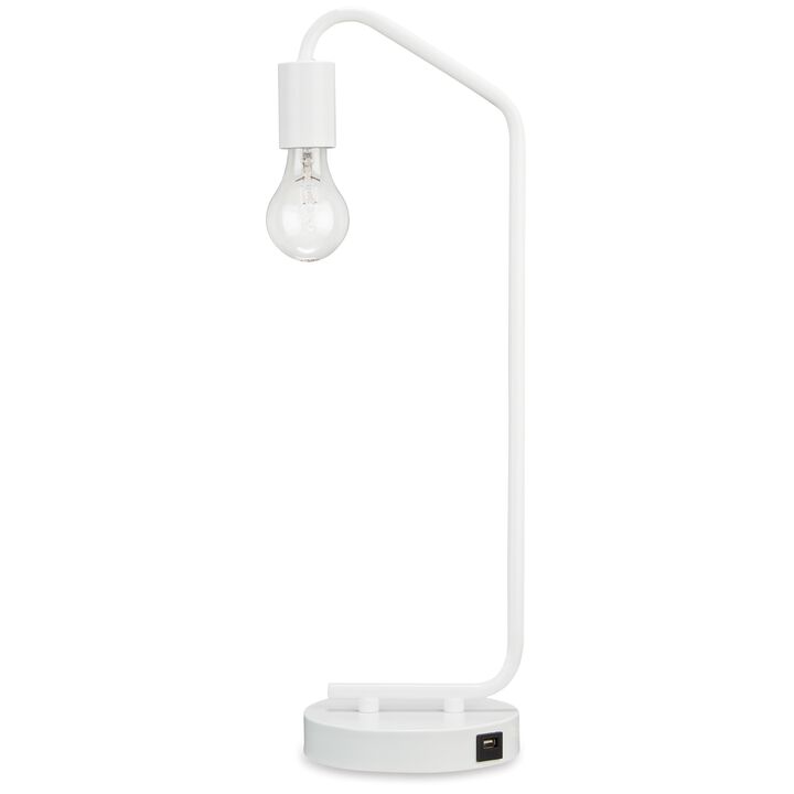 Colin 21 Inch Desk Lamp, White Metal Frame, Round Base, USB Charging Port - Benzara