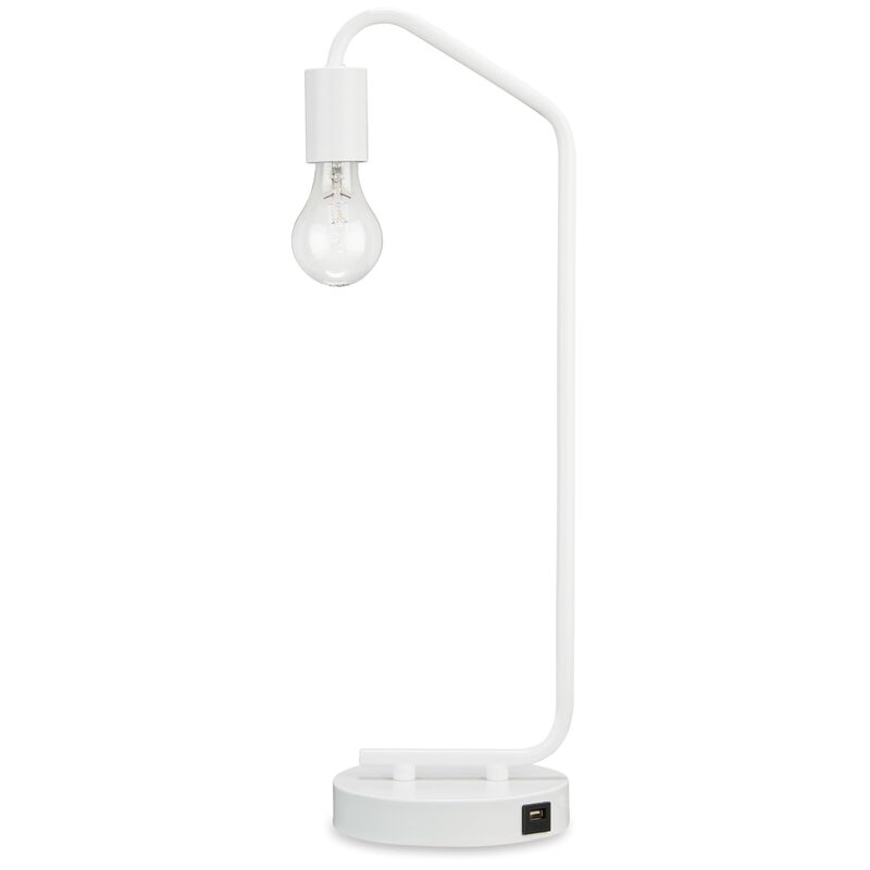 Colin 21 Inch Desk Lamp, White Metal Frame, Round Base, USB Charging Port - Benzara