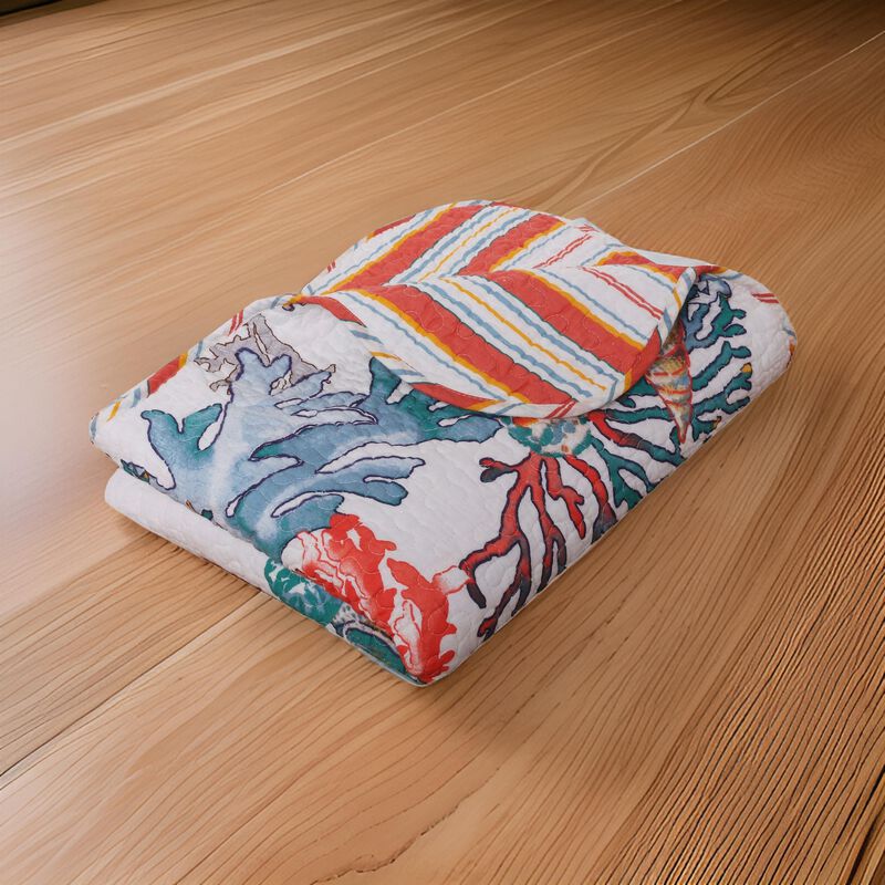 Wade 50 x 60 Quilted Throw Blanket with Fill, Corals and Seashells Design - Benzara