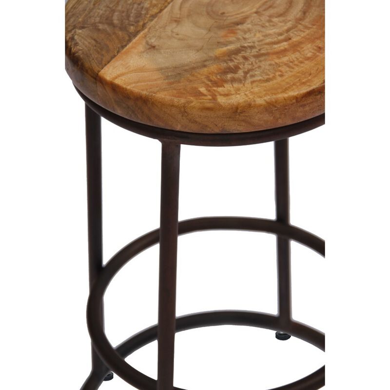 24 Inch Mango Wood Counter Height Barstool With Iron Base, Brown And Black-Benzara