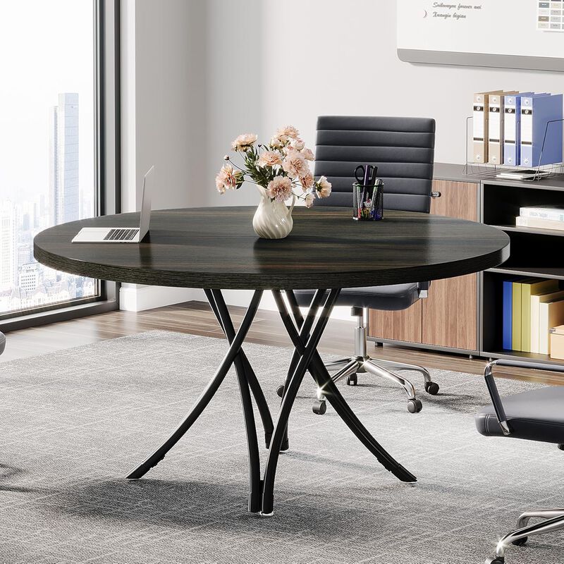 47" Round Conference Table, Modern Business Meeting Table for Office Conference Room (Black)