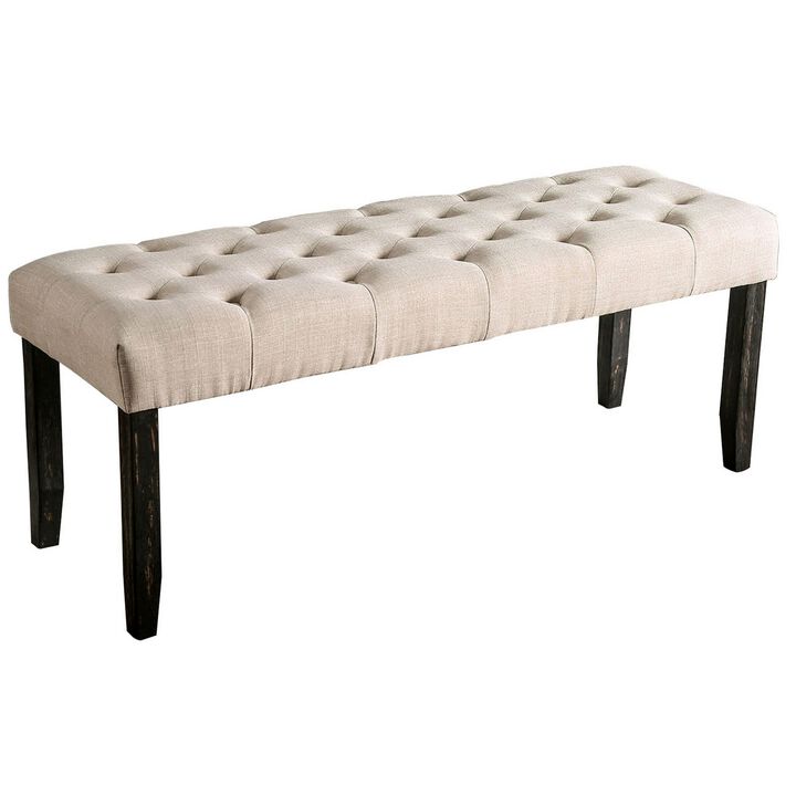 20 Inch Button Tufted Wooden Bench, Antique Black and Beige-Benzara