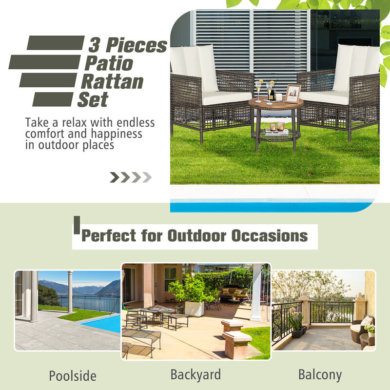 3 Pieces Patio Rattan Conversation Sets with Cushioned Sofas and Wood Table Top