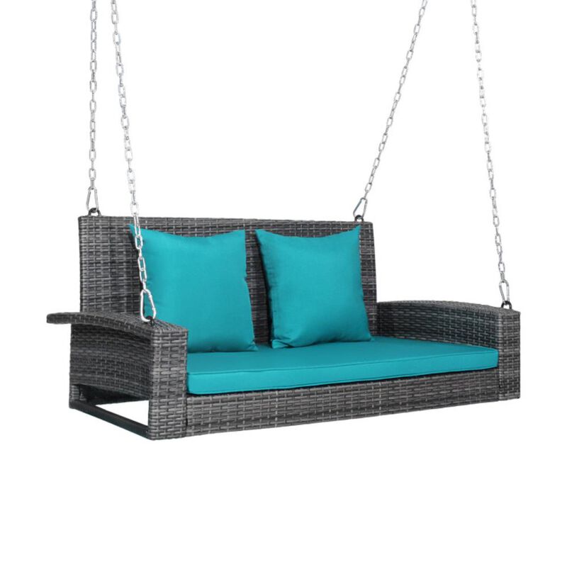 Hivvago 2-Person Patio PE Wicker Hanging Porch Swing Bench Chair Cushion 800 Pounds