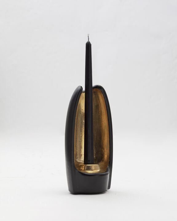 ABSOLUTO Decorative Ceramic Candleholder in Black Glaze with Gold Luster Details, by ANDEAN, In Stock