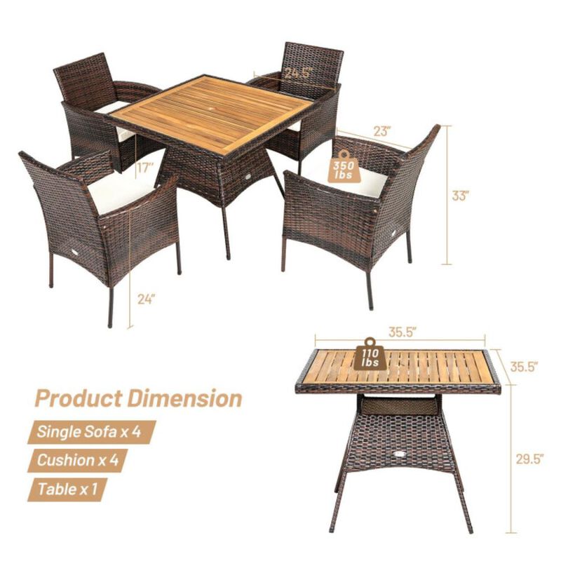 Hivvago 5-Piece Patio Dining Set with Wooden Tabletop and Comfortable Wicker Armchairs