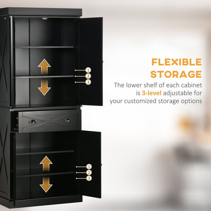 Black Kitchen Storage: 72" Pantry Cabinet with 6 Tiers & Drawer