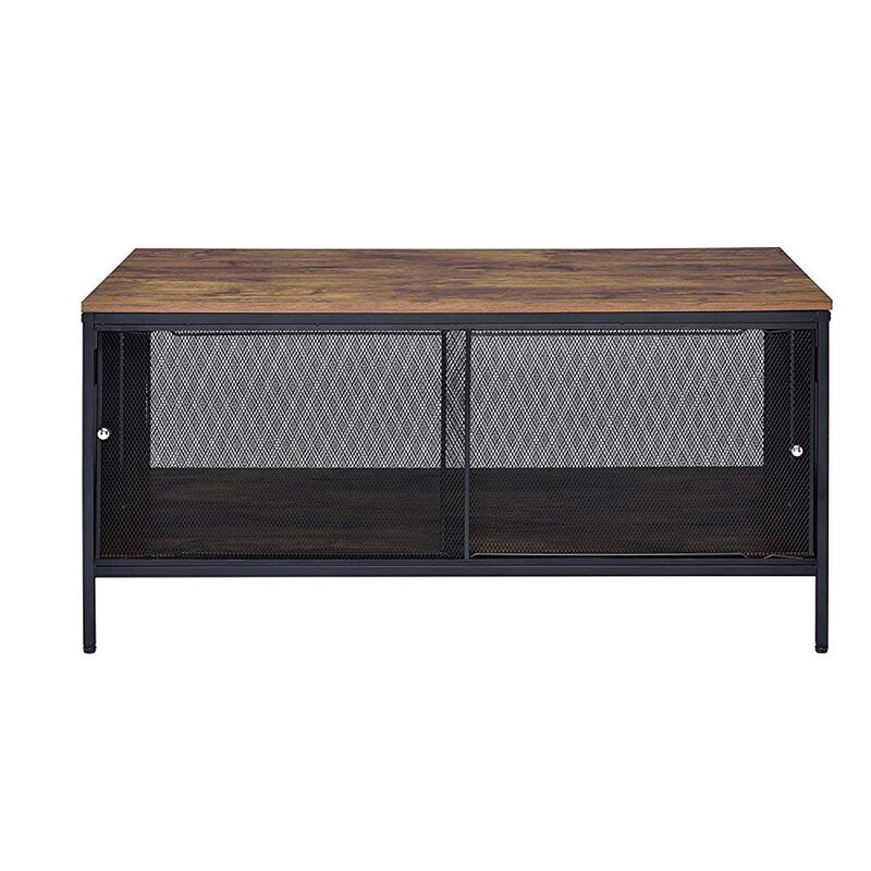 Metal Coffee Table with 1 Bottom Shelf and Mesh Design, Brown and Gray-Benzara
