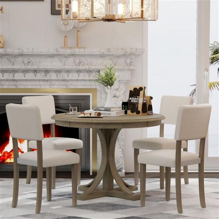 5-Piece Retro Dining Table Set Round Table with Curved Trestle Base and 4 Stylish Chairs for Elegant Dining Spaces