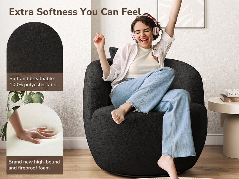 BELLEZE Wide Swivel Barrel Chair, Modern Round Boucle Swivel Armchair Curved Backrest Upholstered 360�Swivel Sofa Accent Chair with Pillow, Comfy Swivel Accent Chair for Living Room -Francisco (Black)