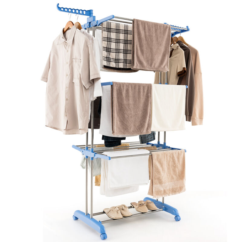 4-tier Folding Clothes Drying Rack with Rotatable Side Wings-Blue and Silver