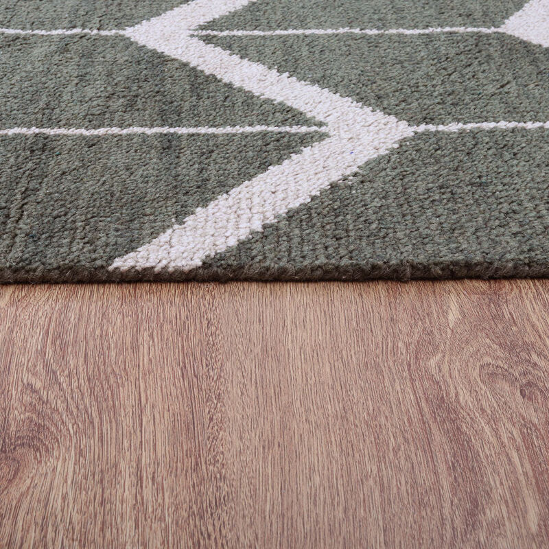 HAND KNOTTED WOOL Geometric AREA RUGS  - 5'x8', Rectangle Shape, Green Beige Color, Geometric Modern, Medium Pile Handmade Area Rugs for Living Room, Bed Room (N01052)