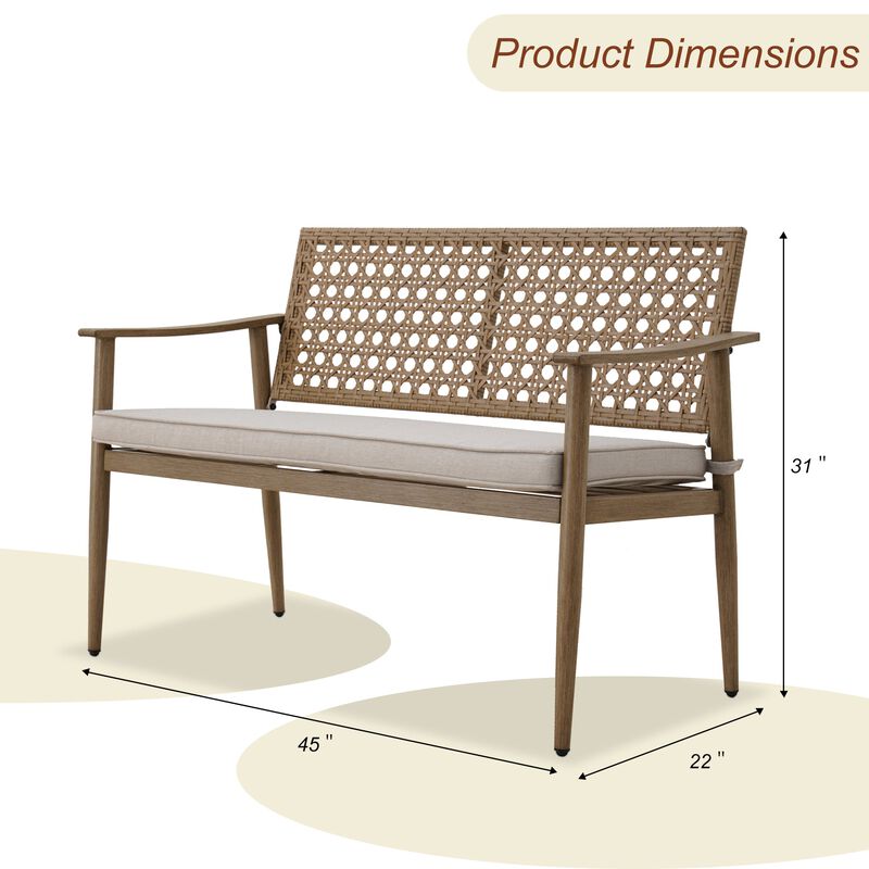 MONDAWE 2-Person Wicker Beige Rattan Outdoor Bench Chair with White Cushion
