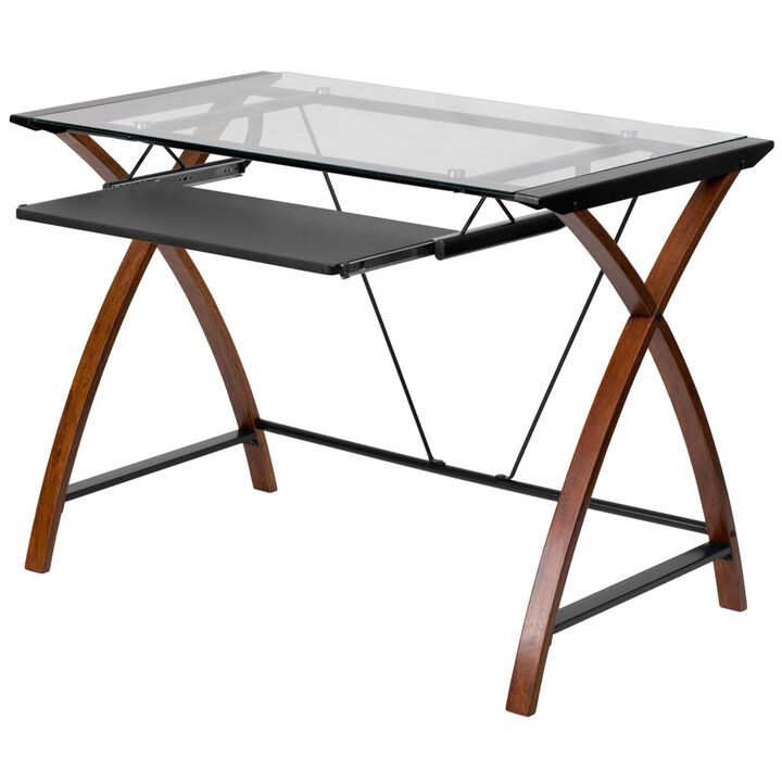 Hivvago Modern Cherry Finish Glass Top Writing Table Computer Desk with Keyboard Tray