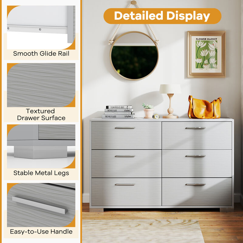 6 Drawer Storage Dresser Cabinet with Metal Legs Handles For Bedroom