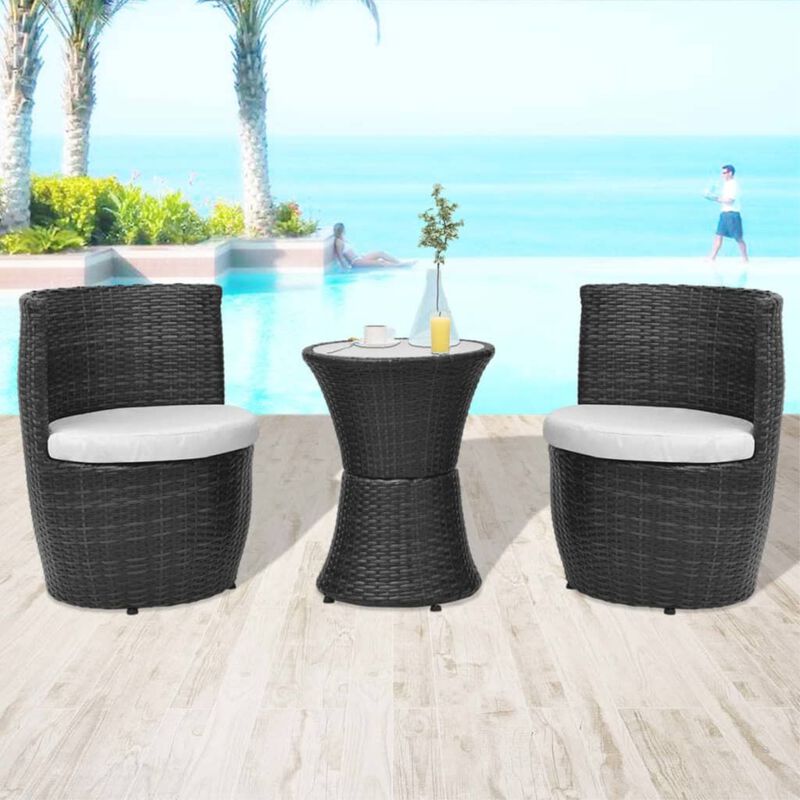 vidaXL 3 Piece Bistro Set with Cushions Poly Rattan Black
