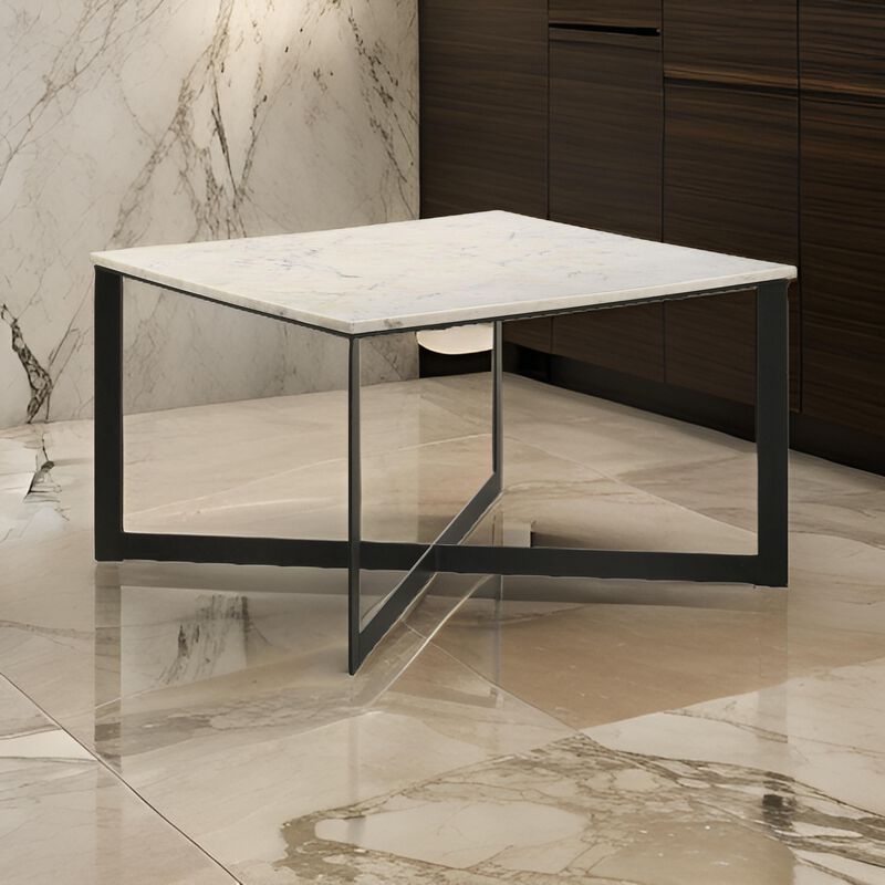 Sovi 28 Inch Side Coffee Table, Marble Top, Black Metal Frame, White Finish - Benzara