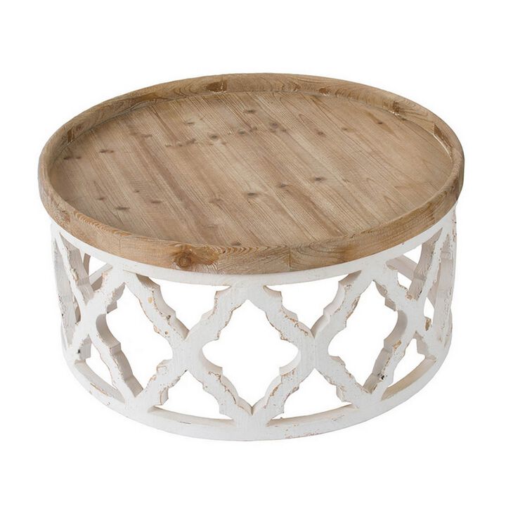 Ode 32 Inch Coffee Table, Round, Quatrefoil Lattice Design, Brown, White - Benzara