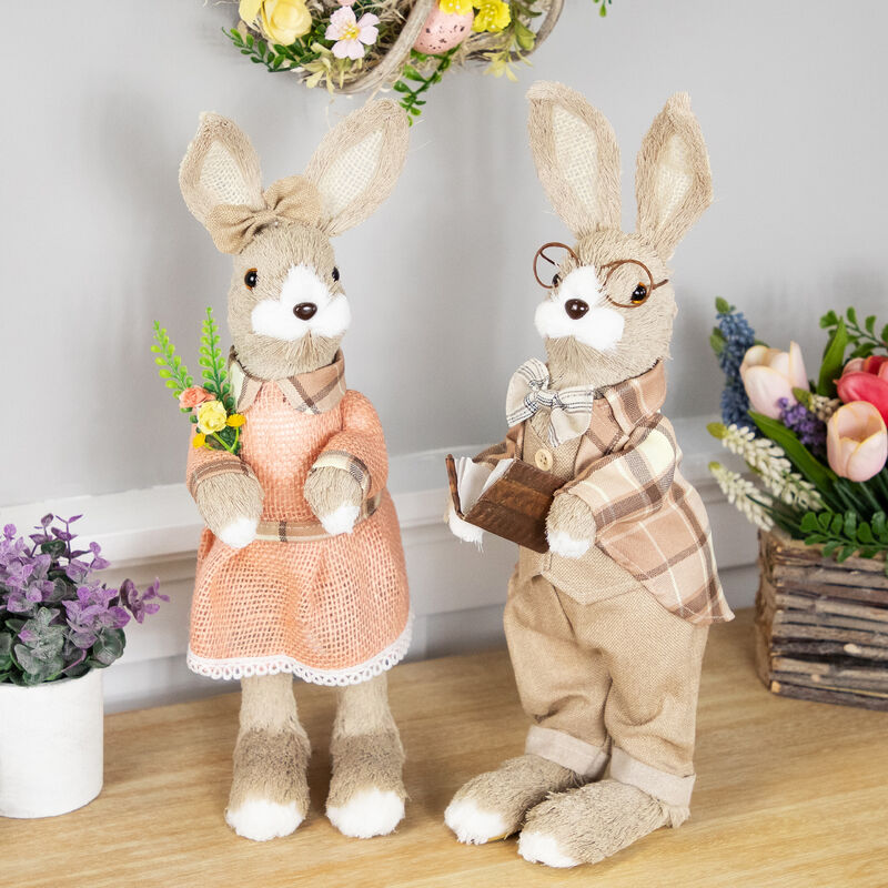 Rustic Girl Rabbit Easter Figure with Flowers - 15.25" - Beige
