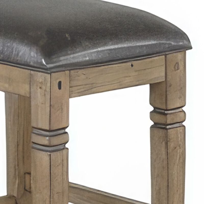 Yael Barstool, Black Faux Leather Cushioned, Taupe Mahogany Solid Wood - Benzara