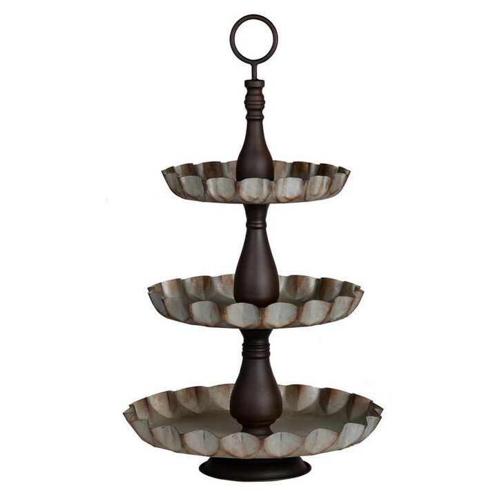 Ammy 28 Inch 3 Tier Round Decorative Serving Tray, Black and Gray Iron - Benzara