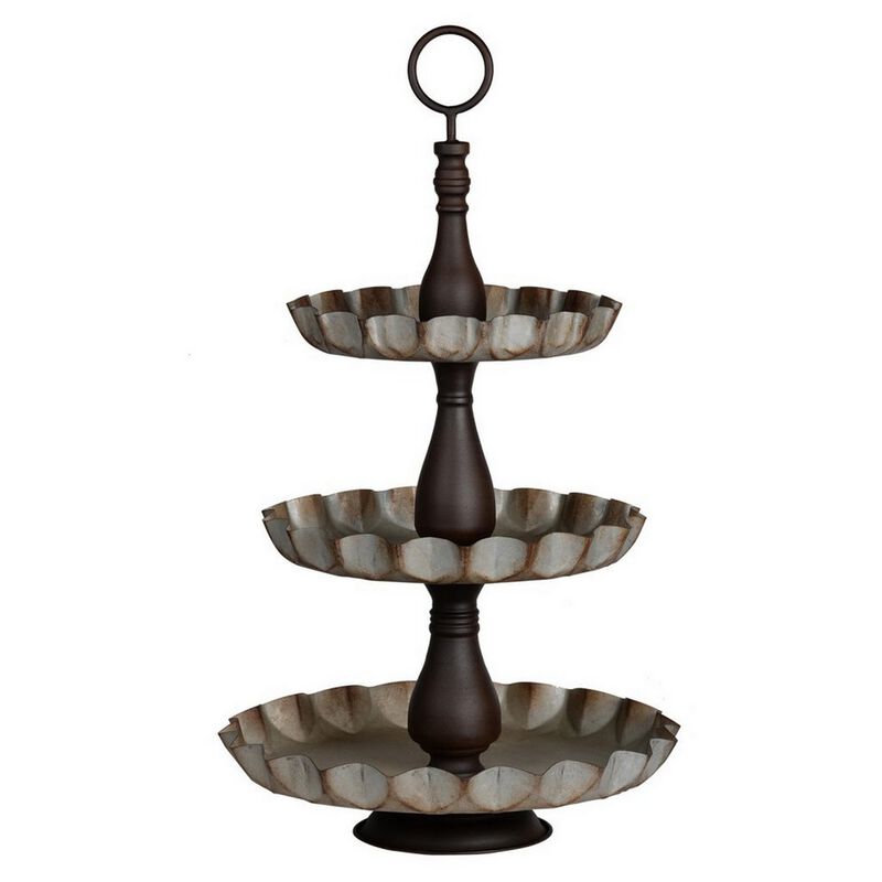 Ammy 28 Inch 3 Tier Round Decorative Serving Tray, Black and Gray Iron - Benzara