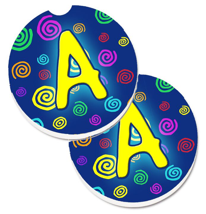 Caroline's Treasures Letter A Monogram - Blue Swirls Set of 2 Cup Holder Car Coasters CJ1011-ACARC, 2.56, Multicolor