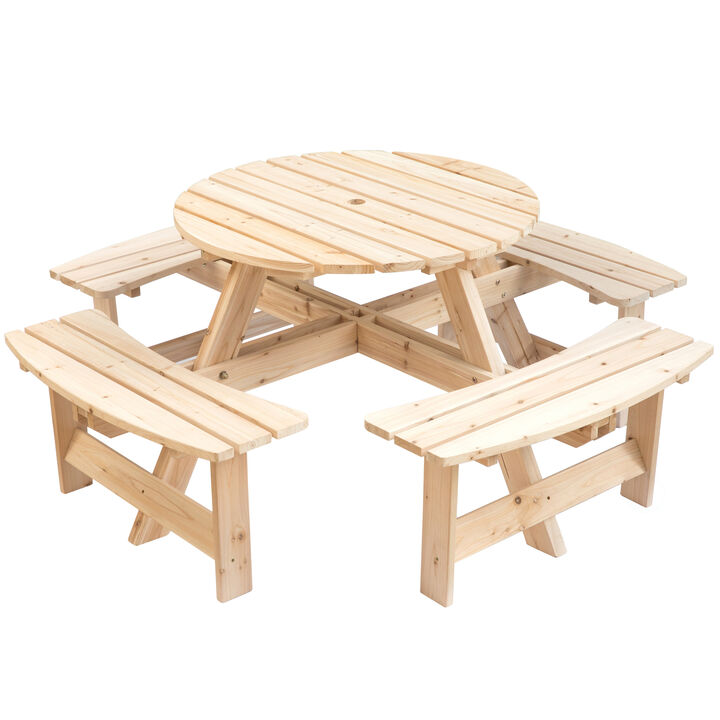 Wooden Outdoor Patio Garden Round Picnic Table with Bench, 8 Person - Stained