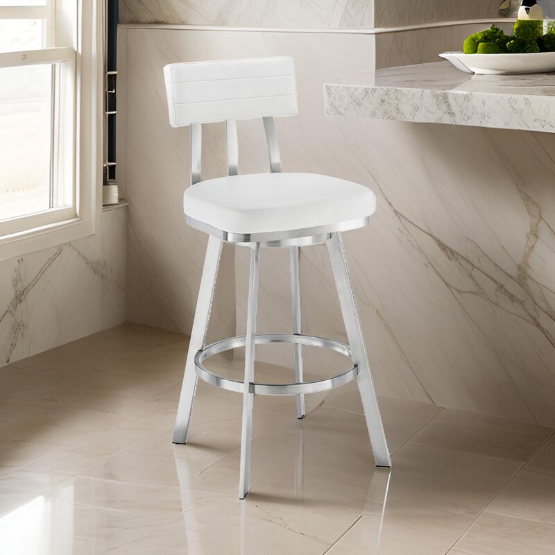 Poni 30 Inch Swivel Barstool Chair, Cushioned Seating, White Faux Leather - Benzara