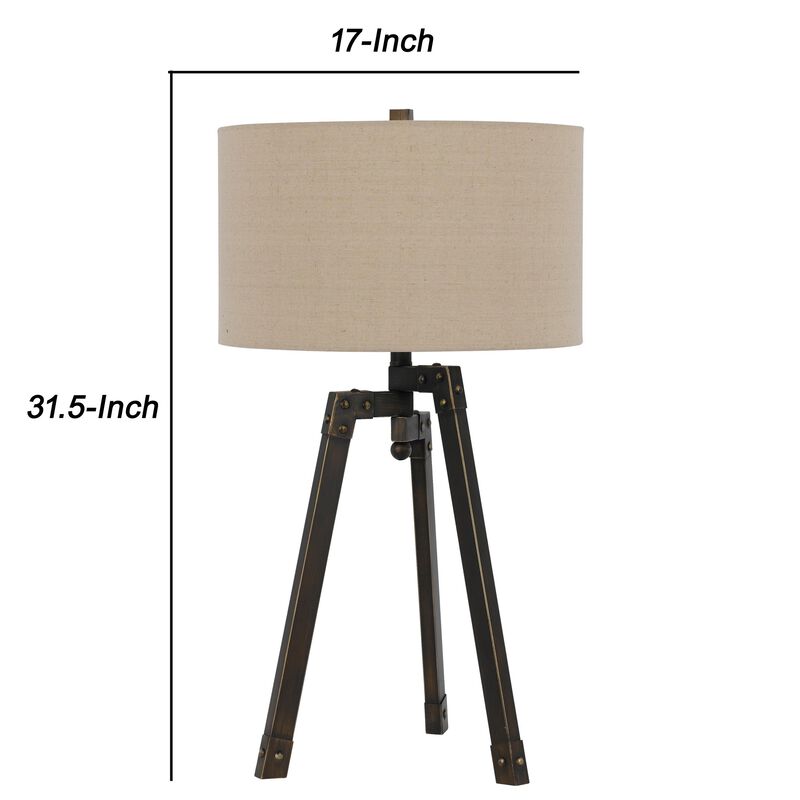 Metal Tripod Base Table Lamp with Fabric Drum Shade, Bronze and Beige-Benzara