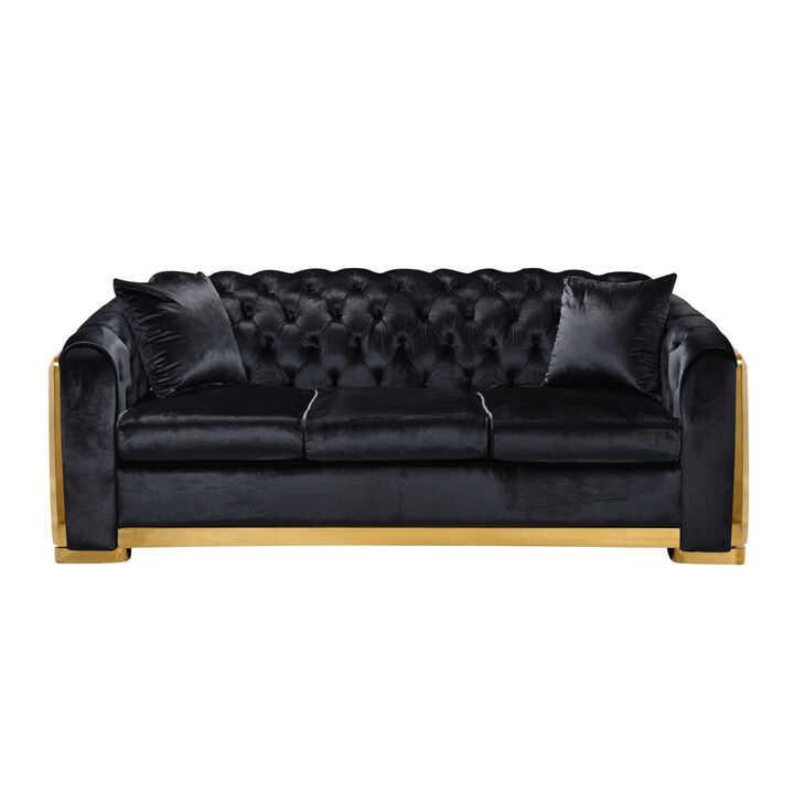 Tufted Velvet Sofa Set, Black with Gold Stainless