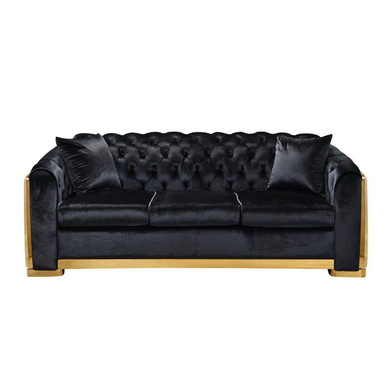 Tufted Velvet Sofa Set, Black with Gold Stainless