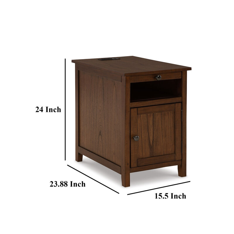 Gena Side End Table, Shelf and Pull Out Tray, Brown Solid Wood 24 Inch - Benzara