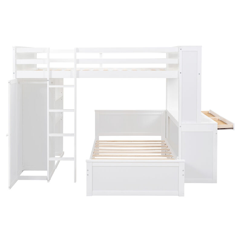 Full Size Loft Bed With A Twin Size Stand-Alone Bed, Shelves, Desk, And Wardrobe