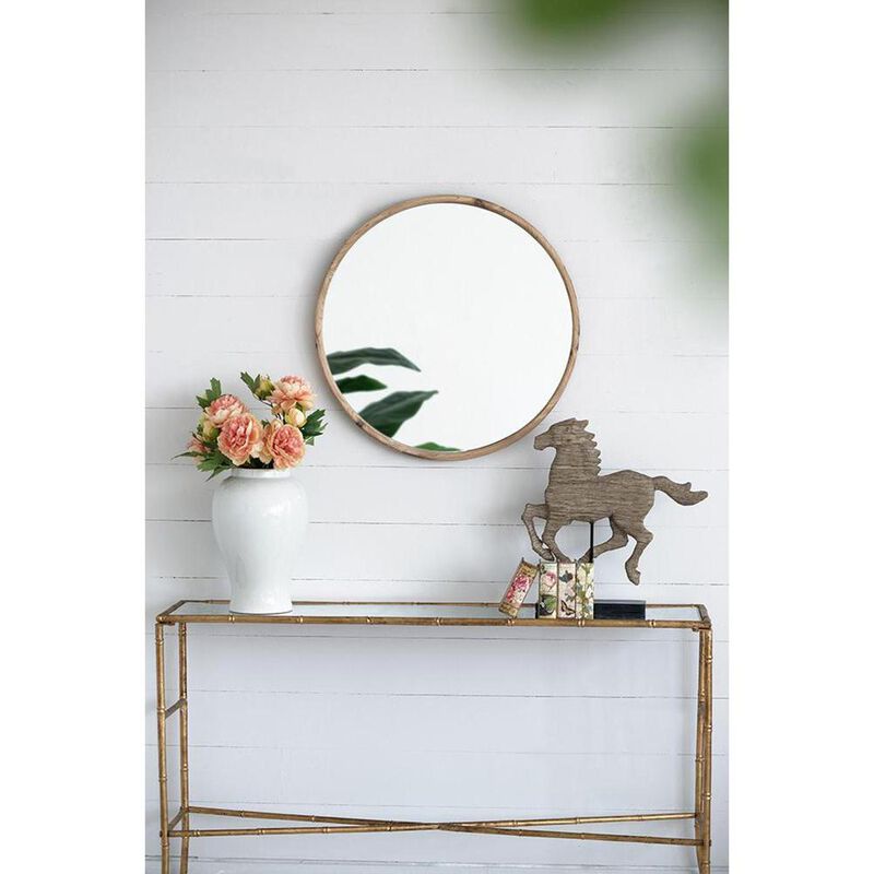 HomeRoots 28 Natural Rustic Brown Wood Frame Round Wall Mounted Accent Mirror