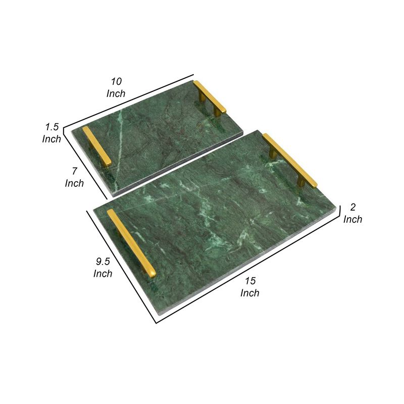 Entro Tray Set of 2, Rectangular Shape, 2 Gold Handles, Green Finish Marble - Benzara