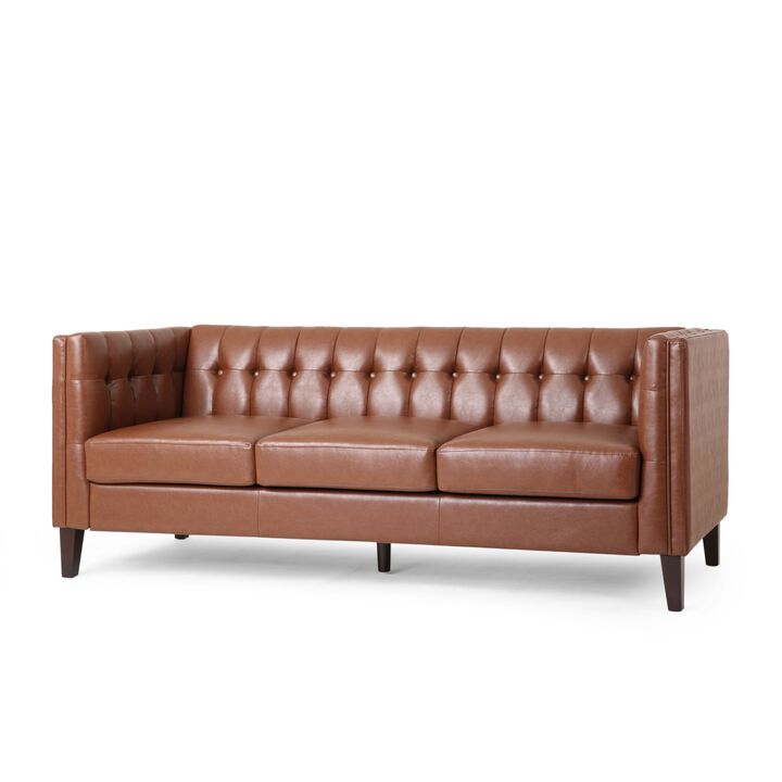 Ember Sofa with Chesterfield Tufted Brown Faux Leather Upholstery