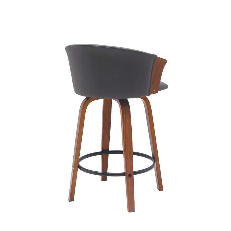 Oja 26 Inch Swivel Counter Stool Chair, Gray Faux Leather, Walnut Brown - Benzara