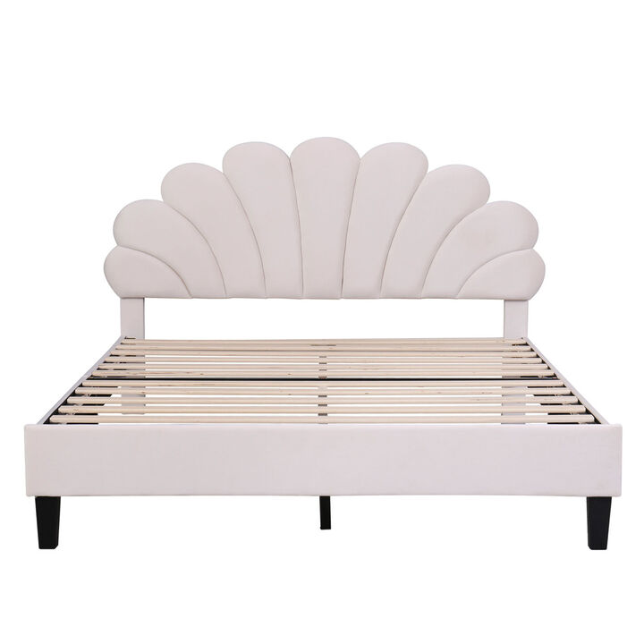 Queen Size Upholstered Platform Bed With Flower Pattern Velvet Headboard