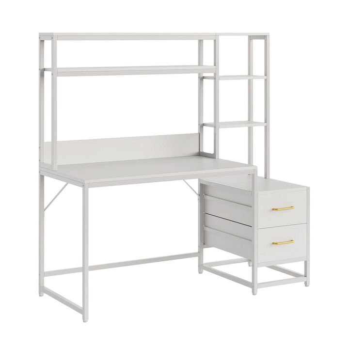 Computer Desk, 2 Drawers, Open Shelf Hutch, White Metal, 60 Inch - Benzara