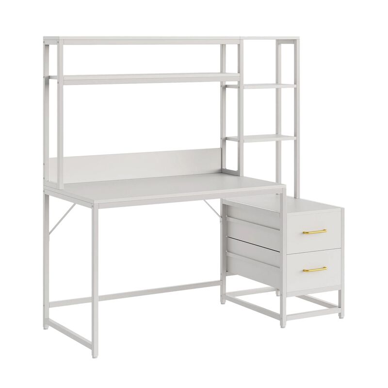 Computer Desk, 2 Drawers, Open Shelf Hutch, White Metal, 60 Inch - Benzara