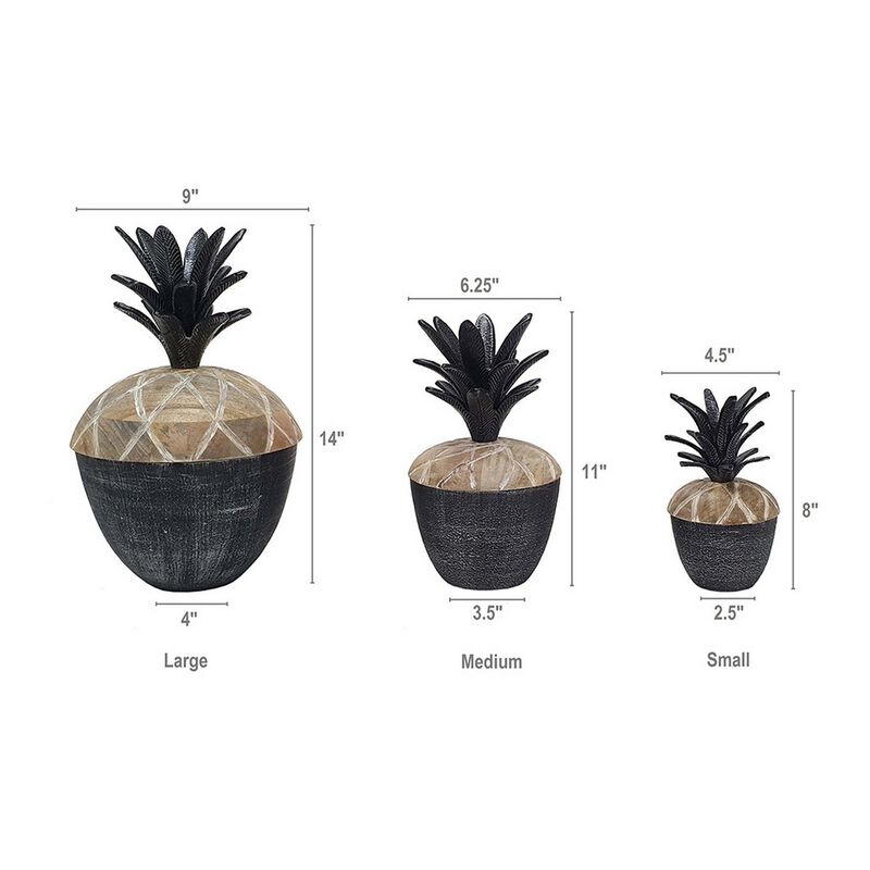 14, 12, 11 Inch Lidded Jar, Pineapple Design, Gray Mango Wood, Set of 3-Benzara
